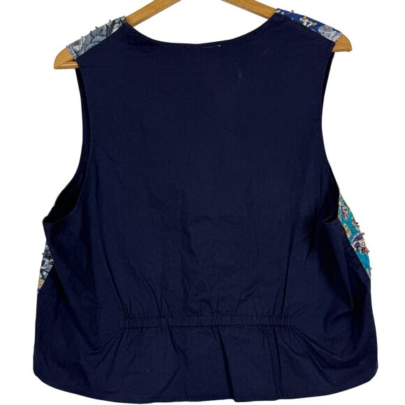 Vtg Casey & Max Button Up Patchwork Vest Sz Large Beaded Cotton Floral Blue Gold - Picture 7 of 12